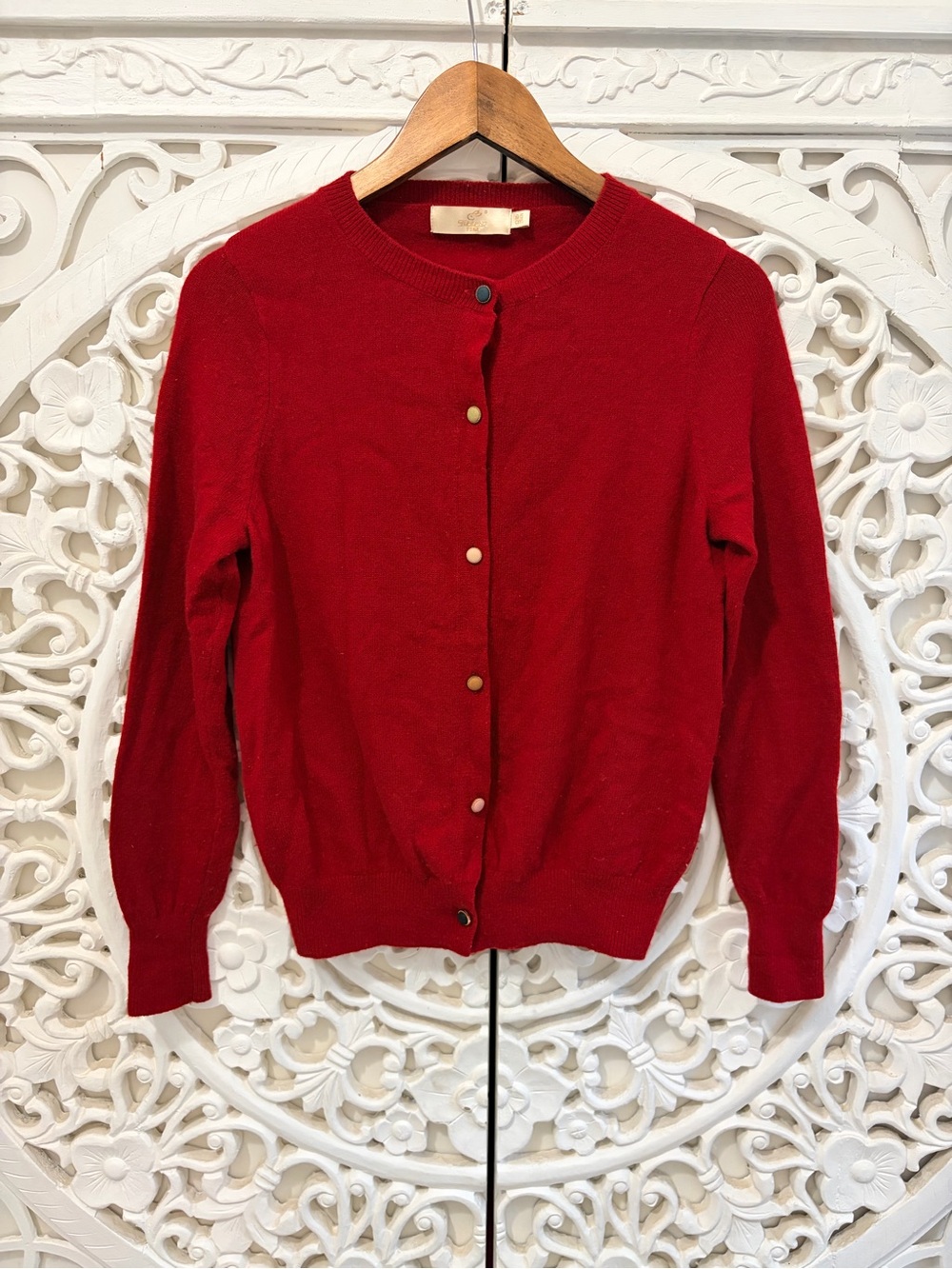 Tuhuang 100% Wool Red Cardigan Sweater Multicolor Buttons Size S